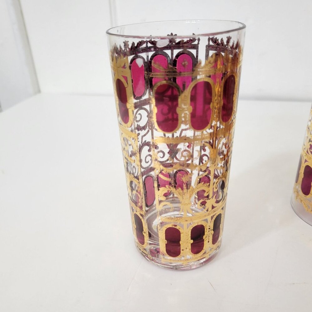 Culver MCM Azure Gold and Cranberry Collins Glasses Set of Six Plus Extra - Picture 5 of 10